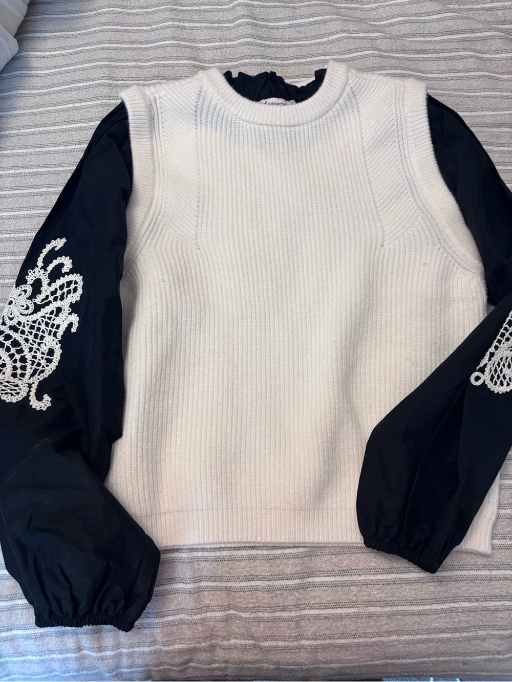 Nanette Lepore Cream Knit Pullover with Black Crochet-Embroidered Sleeves